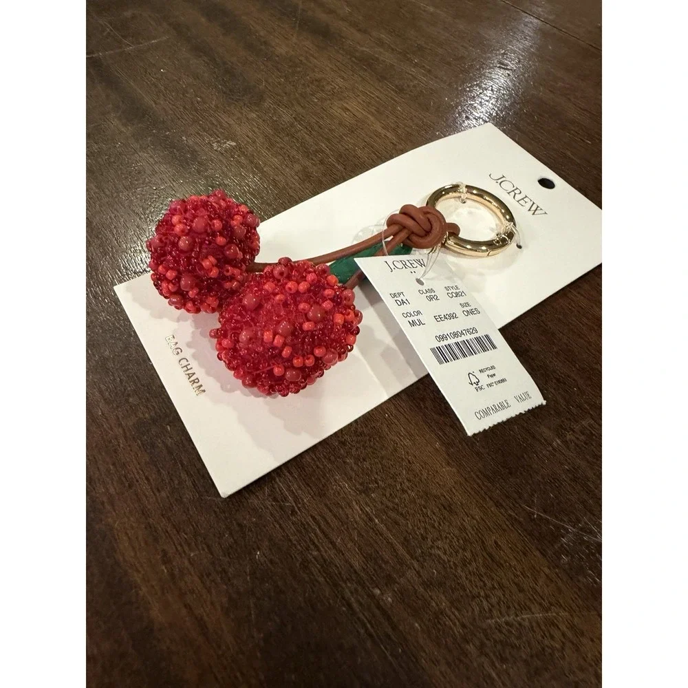 J.Crew Factory Beaded Cherry Bag Charm Keychain Red Green Multi-Color CQ821 New